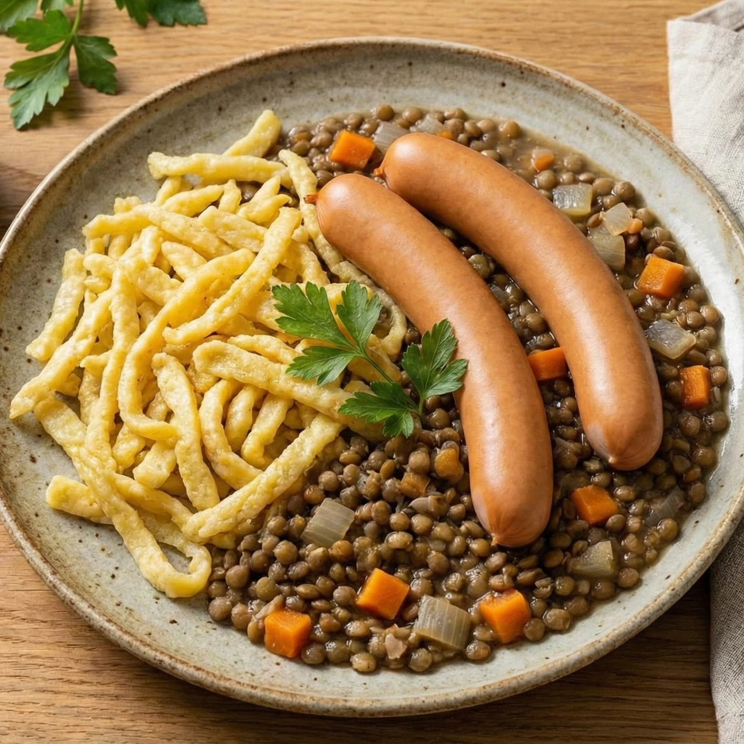 Schwäbische Linsen mit Spätzle und Saitenwürstchen