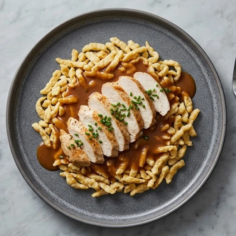 Chicken breast with curry sauce and spaetzle