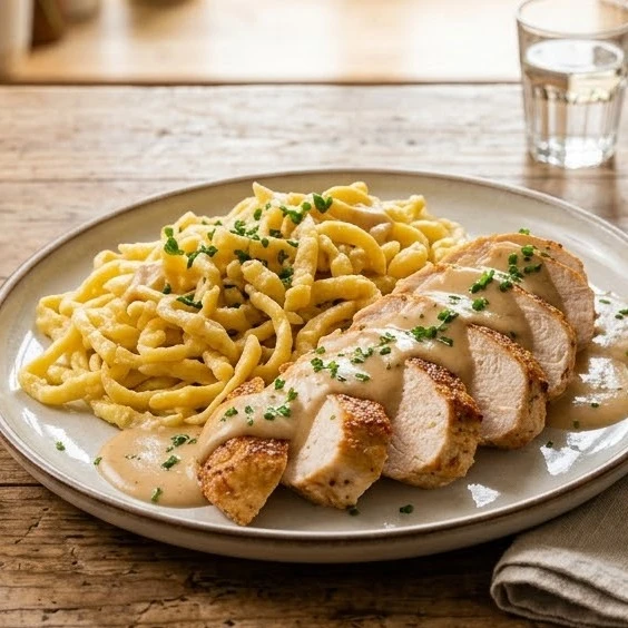 Chicken breast in fine gravy with spaetzle