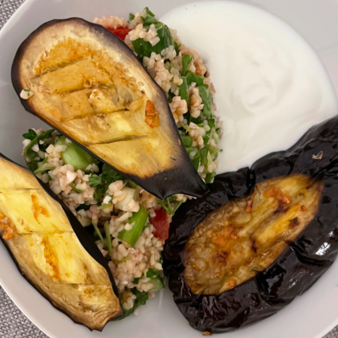 Baked Aubergines with Bulgur Salad