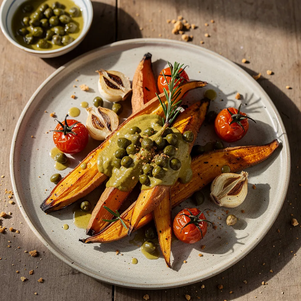 Roasted Parsnips and Sweet Potatoes with Caper Vinaigrette