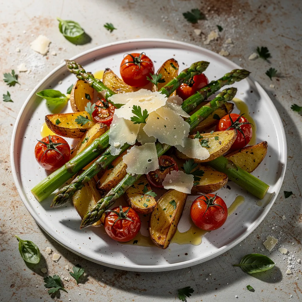 Grüner Spargel mit Kartoffeln, Tomaten und Parmesan aus dem Backofen