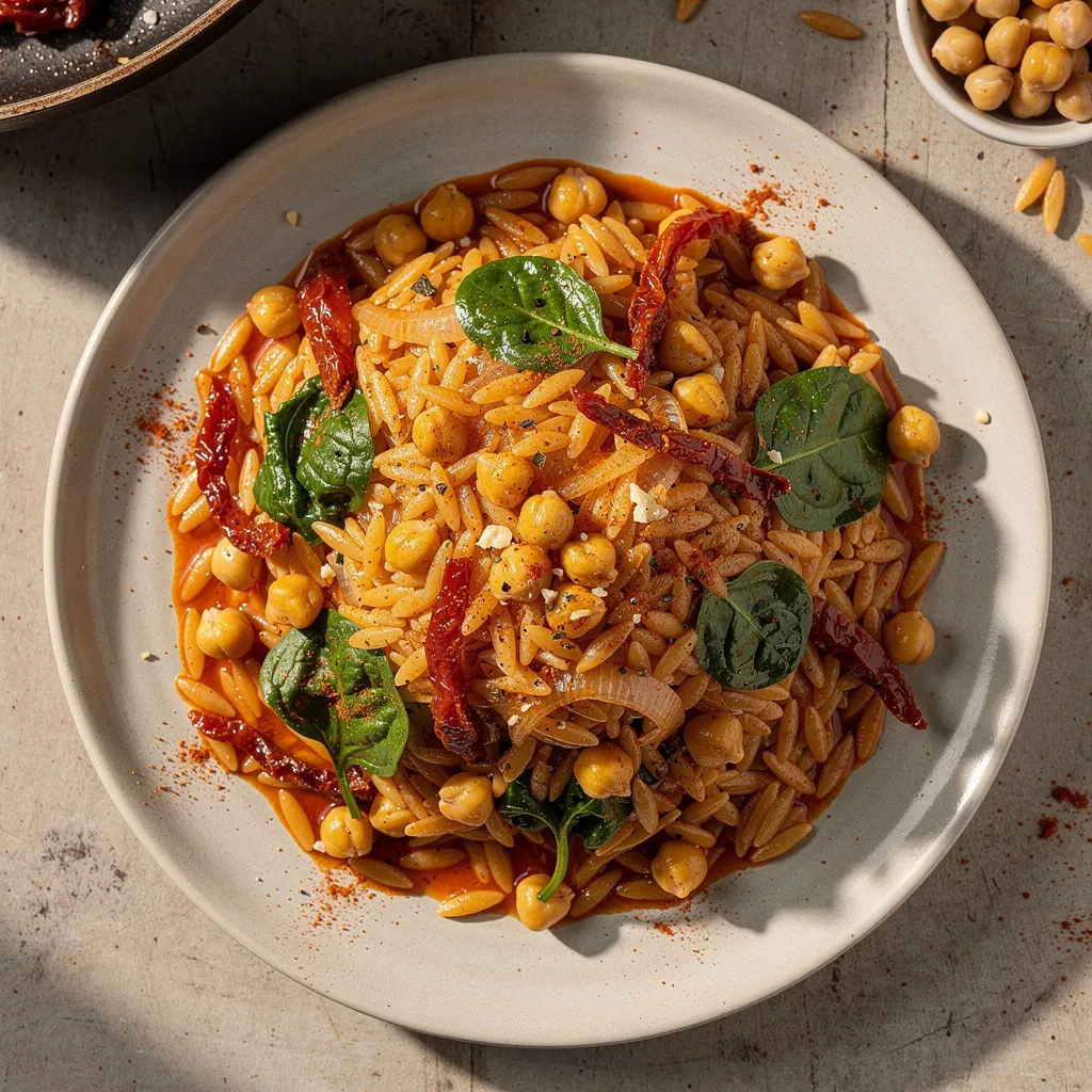 Orzo aux pois chiche, tomates et épinards