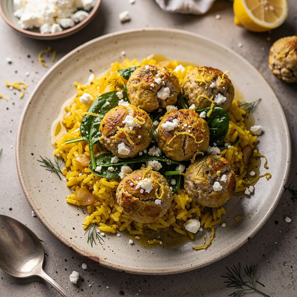 Chicken Feta Meatballs with Lemon Turmeric Rice