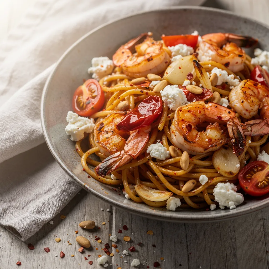 Knoblauch-Feta-Nudeln mit Garnelen
