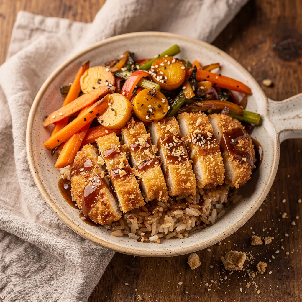 Tofu-Katsu-Bowl mit geschmortem Gemüse