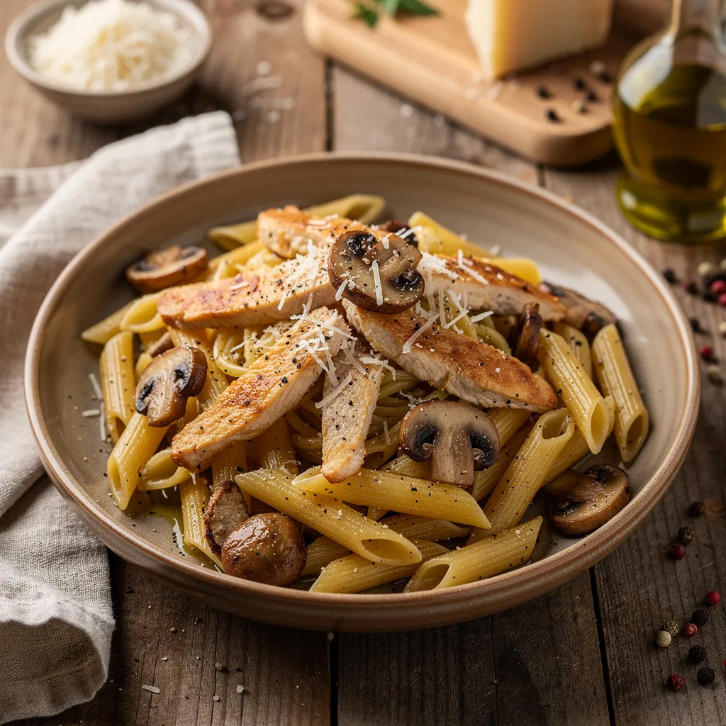 Penne mit Hähnchen und Champignons