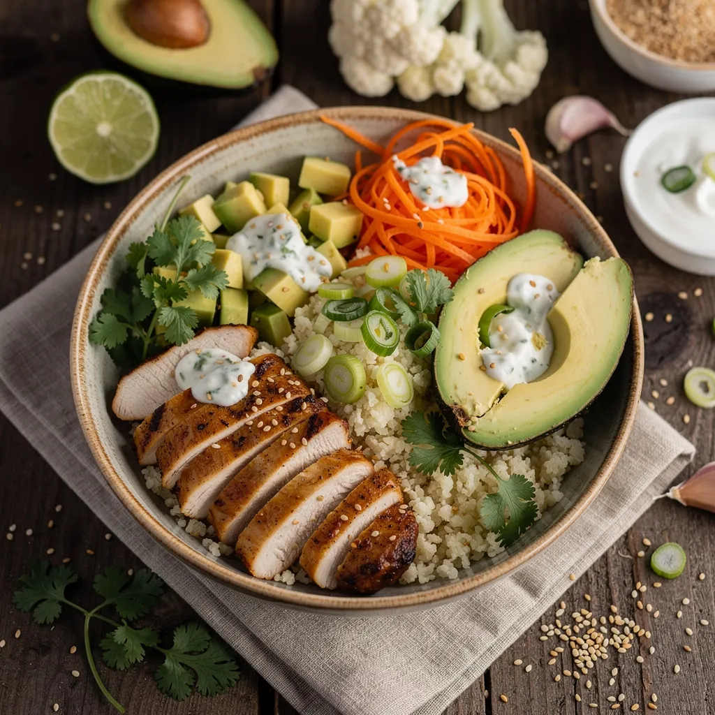 Hähnchen-Bowl mit Avocado und Blumenkohl-Reis