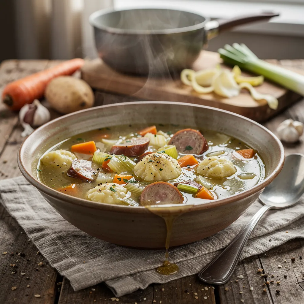 Potato Vegetable Soup with Sausages and Dumplings