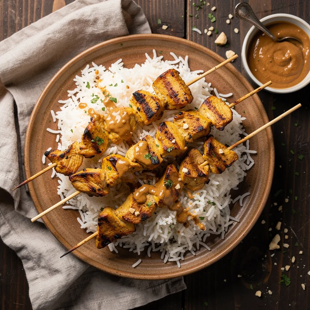 Satay skewers with peanut sauce and basmati rice