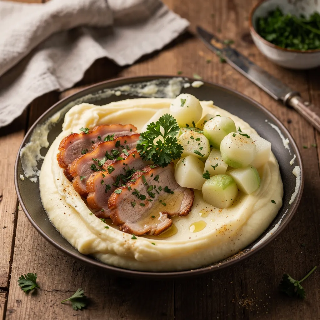 Parsley Kassler with kohlrabi and celeriac purée